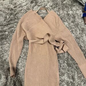 Elegant Beige Ribbed Knit Dress